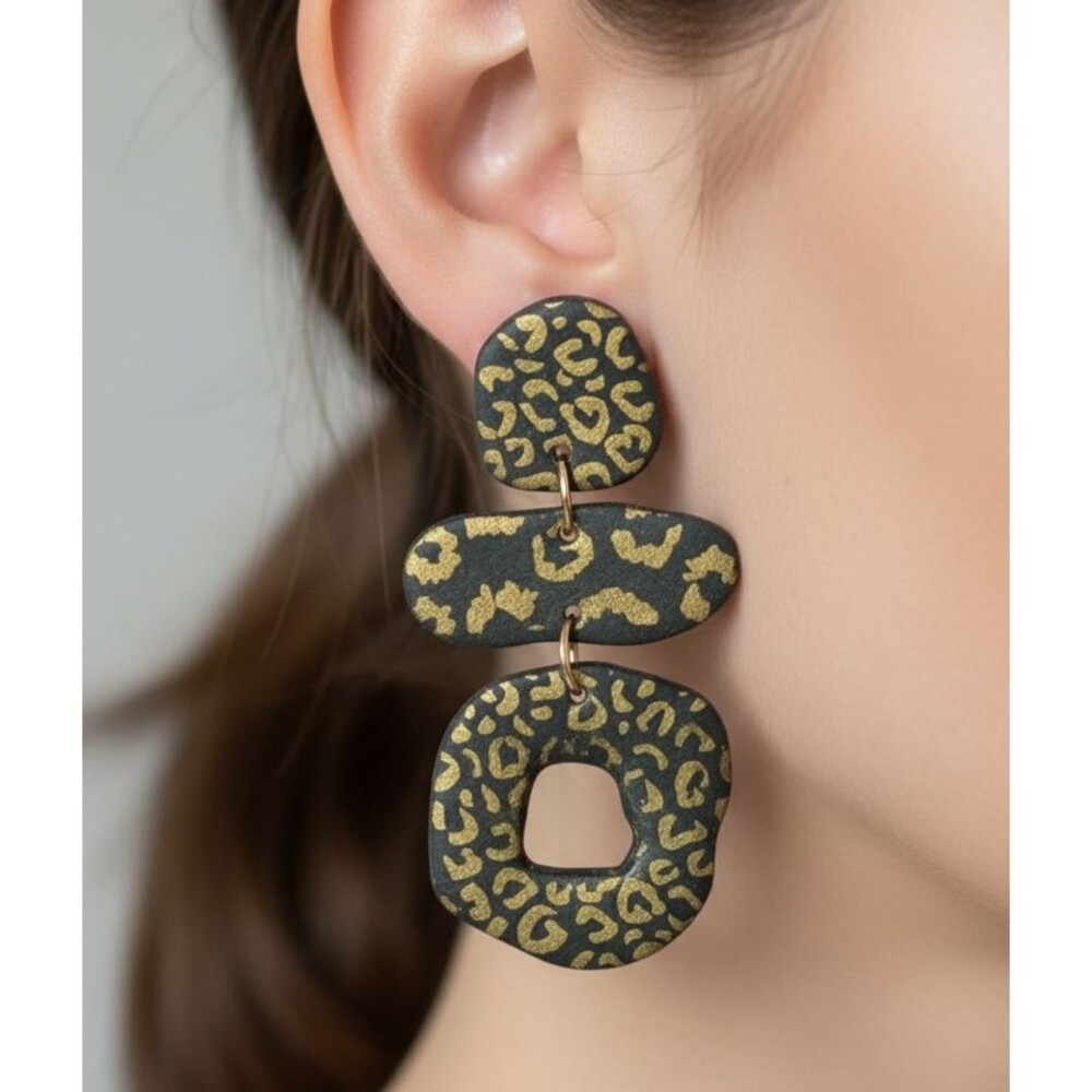 Handmade Black Gold Leopard Animal Print Polymer Clay Dangle Statement Earrings
